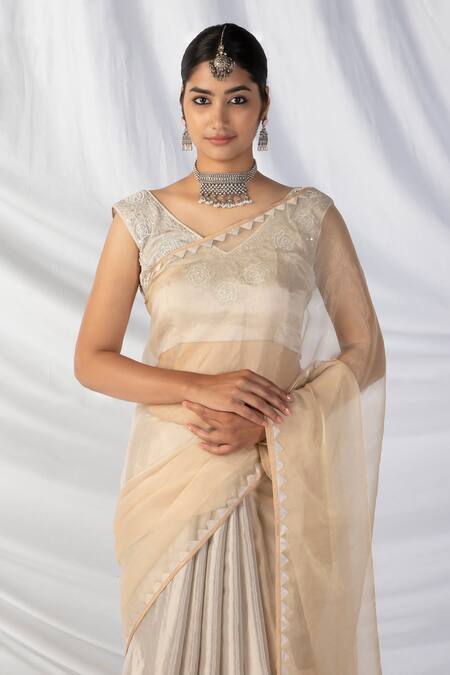 Latha Puttanna_Gold Silk Organza, Kota Doria Pearls, Paisley Bloom Applique Border Saree Set_at_Aza_Fashions