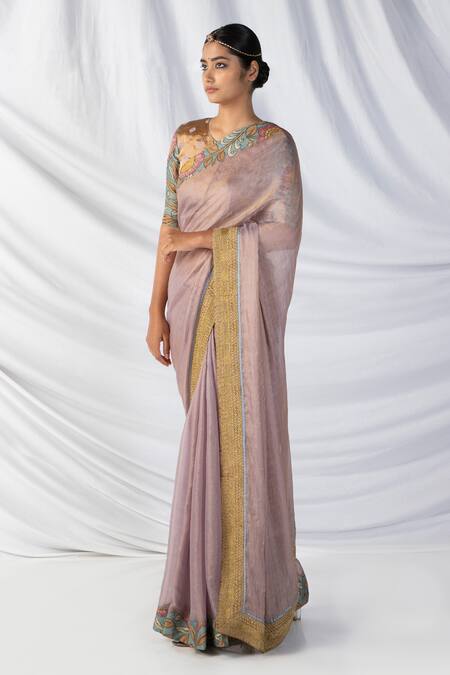Latha Puttanna_Purple Silk, Tissue Zari, Embroidery Round Kalamkari Border Saree With Blouse_Online_at_Aza_Fashions