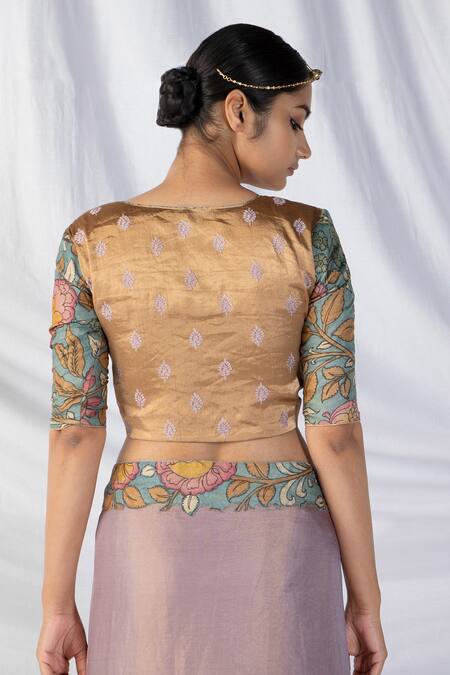 Buy_Latha Puttanna_Purple Silk, Tissue Zari, Embroidery Round Kalamkari Border Saree With Blouse_Online_at_Aza_Fashions