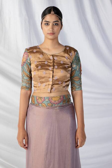 Shop_Latha Puttanna_Purple Silk, Tissue Zari, Embroidery Round Kalamkari Border Saree With Blouse_Online_at_Aza_Fashions