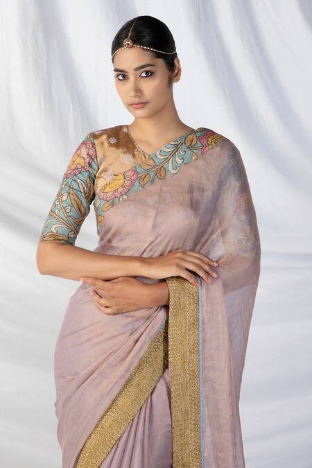 Latha Puttanna_Purple Silk, Tissue Zari, Embroidery Round Kalamkari Border Saree With Blouse_at_Aza_Fashions