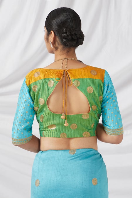 Latha Puttanna Turquoise Silk Embroidery, Zari Round Kalamkari Print And Butti Woven Saree Set Online at Aza Fashions Latha Puttanna_Turquoise Silk Embroidery, Zari Round Kalamkari Print And Butti Woven Saree Set_Online_at_Aza_Fashions