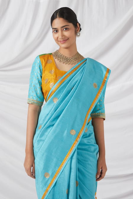 Buy Latha Puttanna Turquoise Silk Embroidery, Zari Round Kalamkari Print And Butti Woven Saree Set Online at Aza Fashions Buy_Latha Puttanna_Turquoise Silk Embroidery, Zari Round Kalamkari Print And Butti Woven Saree Set_Online_at_Aza_Fashions