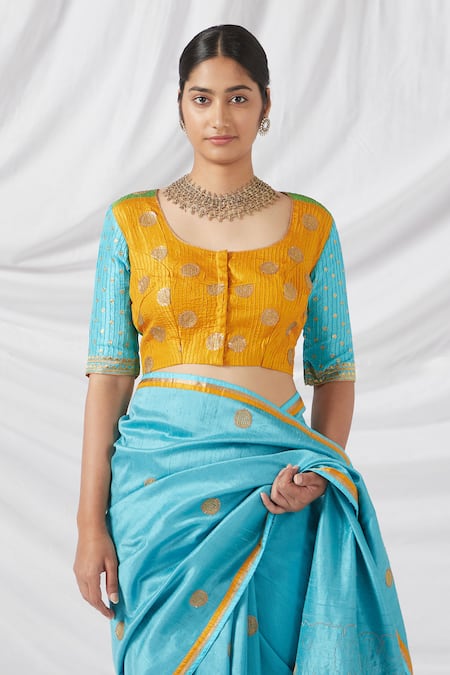 Shop Latha Puttanna Turquoise Silk Embroidery, Zari Round Kalamkari Print And Butti Woven Saree Set Online at Aza Fashions Shop_Latha Puttanna_Turquoise Silk Embroidery, Zari Round Kalamkari Print And Butti Woven Saree Set_Online_at_Aza_Fashions