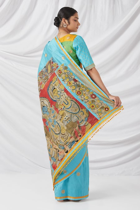 Shop Latha Puttanna Turquoise Silk Embroidery, Zari Round Kalamkari Print And Butti Woven Saree Set at Aza Fashions Shop_Latha Puttanna_Turquoise Silk Embroidery, Zari Round Kalamkari Print And Butti Woven Saree Set_at_Aza_Fashions