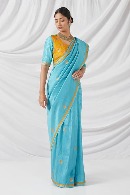 Latha Puttanna Turquoise Silk Embroidery, Zari Round Kalamkari Print And Butti Woven Saree Set at Aza Fashions Latha Puttanna_Turquoise Silk Embroidery, Zari Round Kalamkari Print And Butti Woven Saree Set_at_Aza_Fashions