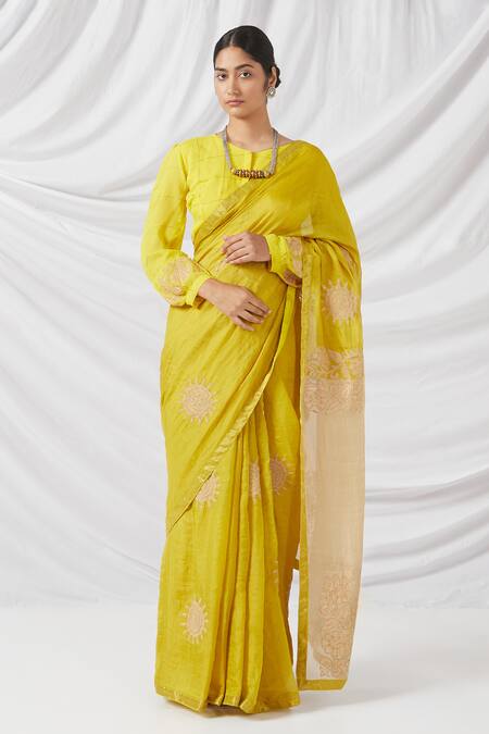 Buy_Latha Puttanna_Yellow Silk, Tissue Applique, Embroidery V-neck Floral Saree With Blouse_Online_at_Aza_Fashions
