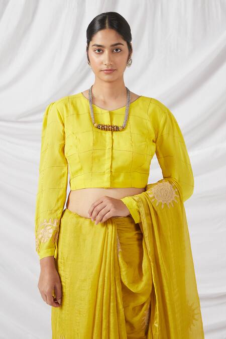 Shop_Latha Puttanna_Yellow Silk, Tissue Applique, Embroidery V-neck Floral Saree With Blouse_Online_at_Aza_Fashions