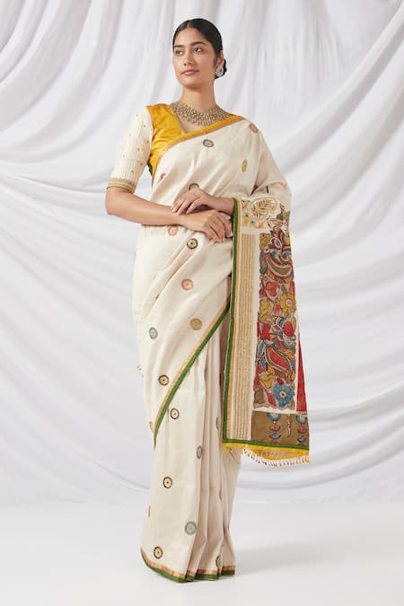 Latha Puttanna Chola Indian Deity Kalamkari Print & Woven Saree With Blouse 