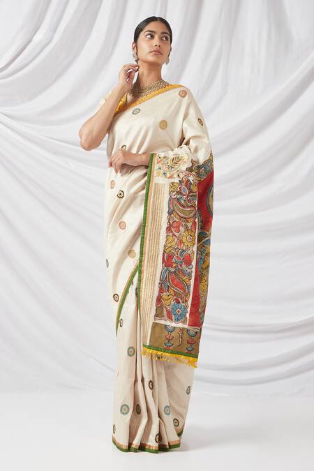 Shop_Latha Puttanna_White Silk Applique, Embroidery, Zari Scoop Kalamkari Print And Woven Saree Set_Online_at_Aza_Fashions