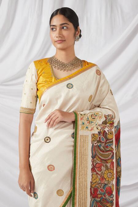 Latha Puttanna_White Silk Applique, Embroidery, Zari Scoop Kalamkari Print And Woven Saree Set_at_Aza_Fashions