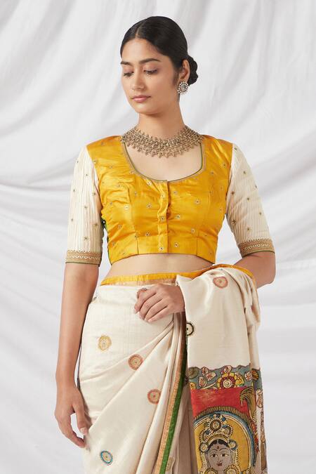 Buy_Latha Puttanna_White Silk Applique, Embroidery, Zari Scoop Kalamkari Print And Woven Saree Set