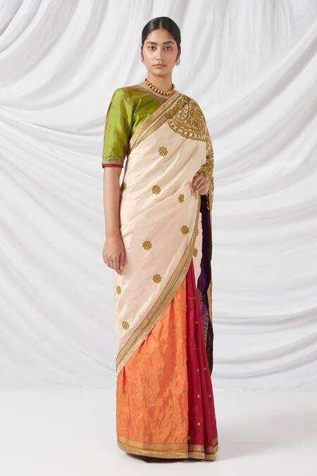 Buy_Latha Puttanna_Multi Color Chanderi Silk Embroidery Round Paisley Bloom Saree And Blouse Set_Online_at_Aza_Fashions