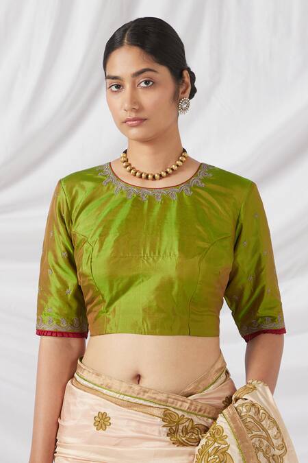 Buy_Latha Puttanna_Multi Color Chanderi Silk Embroidery Round Paisley Bloom Saree And Blouse Set