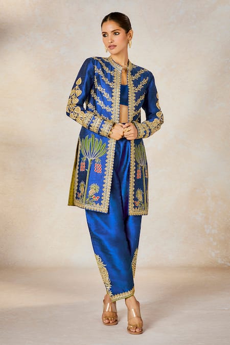 Buy_Masaba_Blue Silk, Denim Stones, Neel Bahar Pre-stitched Saree Set With Jacket _Online_at_Aza_Fashions