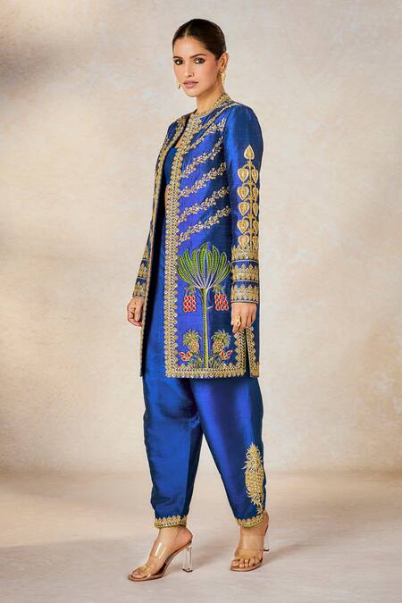 Shop_Masaba_Blue Silk, Denim Stones, Neel Bahar Pre-stitched Saree Set With Jacket _Online_at_Aza_Fashions