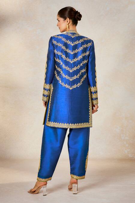 Masaba_Blue Silk, Denim Stones, Neel Bahar Pre-stitched Saree Set With Jacket _at_Aza_Fashions