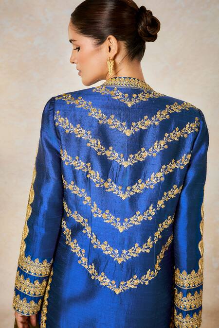 Buy_Masaba_Blue Silk, Denim Stones, Neel Bahar Pre-stitched Saree Set With Jacket 