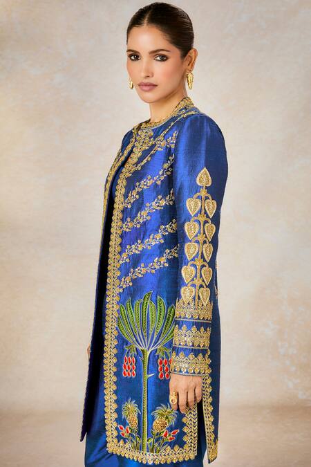 Shop_Masaba_Blue Silk, Denim Stones, Neel Bahar Pre-stitched Saree Set With Jacket 