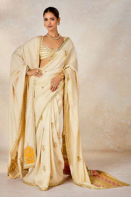 Masaba Beige Saree Dupion Embroidered Gul Jharokha Bombat Barfi Set With Stole 