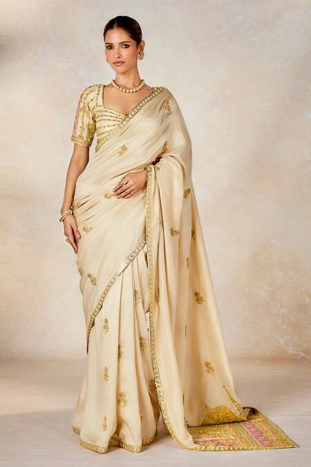 Masaba_Beige Denim, Silk, Cotton Embroidery, The Bombay Barfi Saree Set With Stole _Online_at_Aza_Fashions
