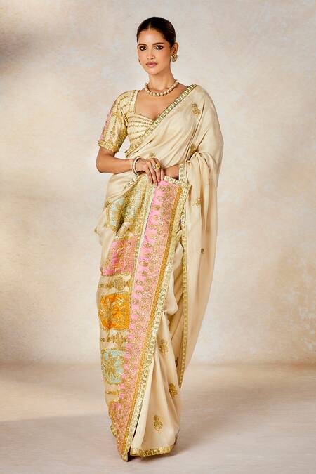 Buy_Masaba_Beige Denim, Silk, Cotton Embroidery, The Bombay Barfi Saree Set With Stole _Online_at_Aza_Fashions