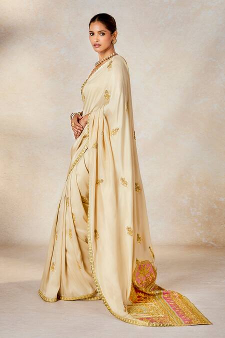 Shop_Masaba_Beige Denim, Silk, Cotton Embroidery, The Bombay Barfi Saree Set With Stole _Online_at_Aza_Fashions