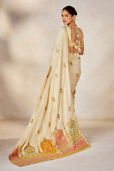Masaba_Beige Denim, Silk, Cotton Embroidery, The Bombay Barfi Saree Set With Stole _at_Aza_Fashions
