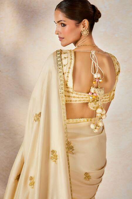 Buy_Masaba_Beige Denim, Silk, Cotton Embroidery, The Bombay Barfi Saree Set With Stole 