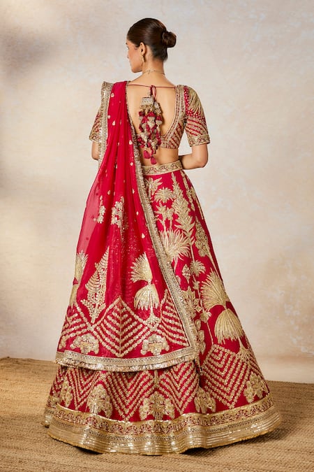 Shop_Masaba_Red , Organza Diamonds V-neck The Aalu Bukhara Bridal Lehenga Set _at_Aza_Fashions