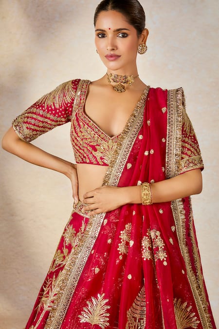 Buy_Masaba_Red , Organza Diamonds V-neck The Aalu Bukhara Bridal Lehenga Set _Online_at_Aza_Fashions