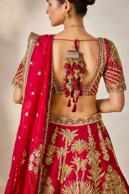 Shop_Masaba_Red , Organza Diamonds V-neck The Aalu Bukhara Bridal Lehenga Set _Online_at_Aza_Fashions