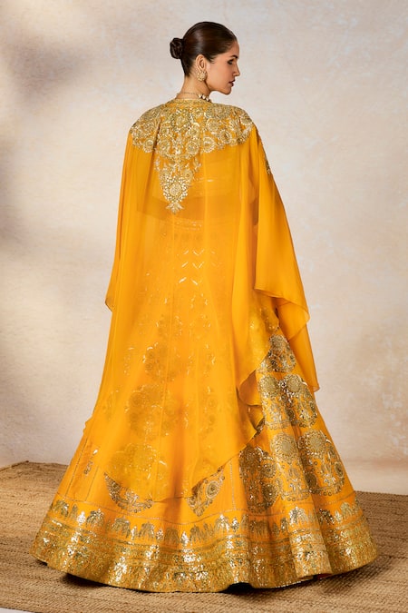 Shop Masaba Yellow Silk, Viscose Zari Square Neck Motichur Embroidered Bridal Lehenga Set at Aza Fashions Shop_Masaba_Yellow Silk, Viscose Zari Square Neck Motichur Embroidered Bridal Lehenga Set _at_Aza_Fashions