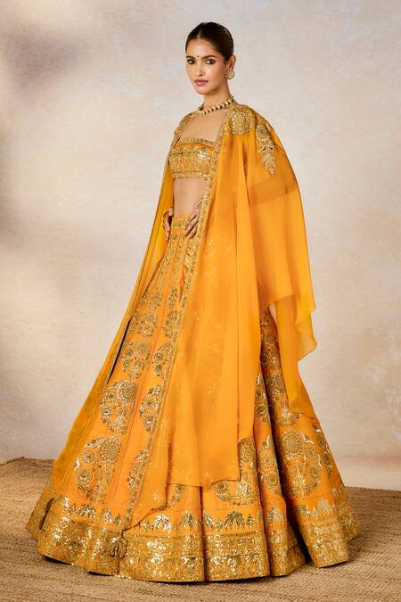Masaba Yellow Silk, Viscose Zari Square Neck Motichur Embroidered Bridal Lehenga Set Online at Aza Fashions Masaba_Yellow Silk, Viscose Zari Square Neck Motichur Embroidered Bridal Lehenga Set _Online_at_Aza_Fashions