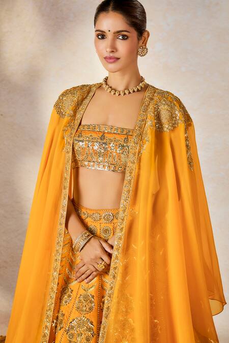 Masaba Yellow Silk, Viscose Zari Square Neck Motichur Embroidered Bridal Lehenga Set at Aza Fashions Masaba_Yellow Silk, Viscose Zari Square Neck Motichur Embroidered Bridal Lehenga Set _at_Aza_Fashions