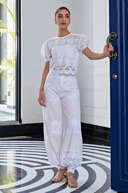 Kay Kay Off White Lace, Cotton Embroidery Round Neck And Mesh Top With Pant 