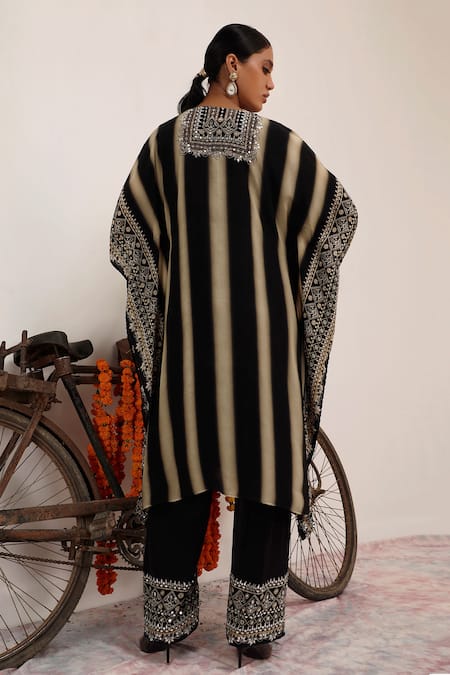 Surkh Syahi Beige & Black Striped Mirror Floret Kaftan Set 