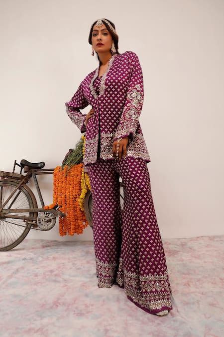 Surkh Syahi_Purple Crepe Mirrors, Embroidery, Foil Printing Gulshan Blazer And Sharara Set _Online_at_Aza_Fashions