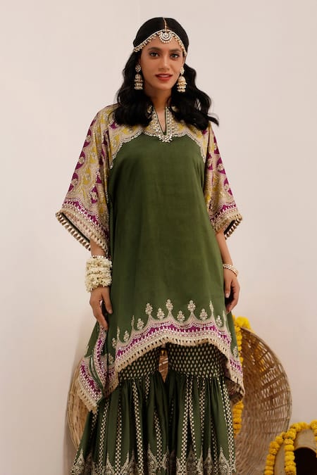 Surkh Syahi_Green Crepe Foil Printing, Embroidery Notched Tribal Bloom Kaftan And Gharara Set _Online_at_Aza_Fashions