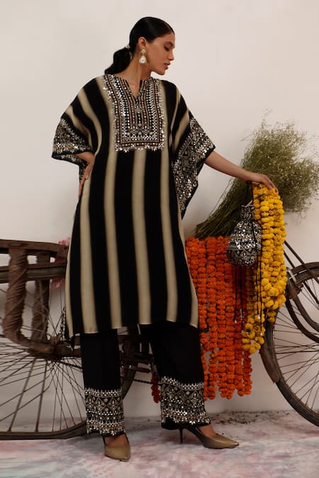 Buy_Surkh Syahi_Beige Crepe Mirrors, Sequins Split V-neck And Black Striped Floret Kaftan Set _Online_at_Aza_Fashions