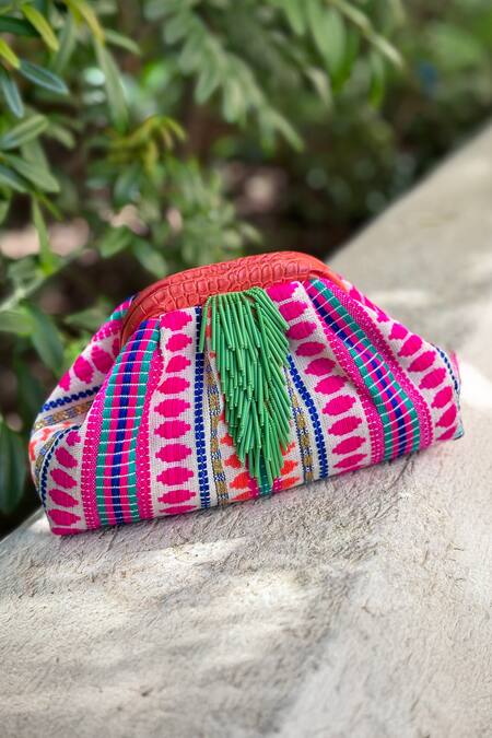 Bhavna Kumar_Multi Color Tassels Thread Woven Multicolor Clutch_Online_at_Aza_Fashions