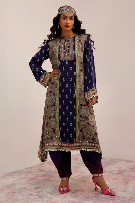 Surkh Syahi Blue Cotton, Silk Embroidery Collared Mandala Art Print Kurta Set 