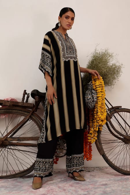 Shop_Surkh Syahi_Beige Crepe Mirrors, Sequins Split V-neck And Black Striped Floret Kaftan Set _Online_at_Aza_Fashions