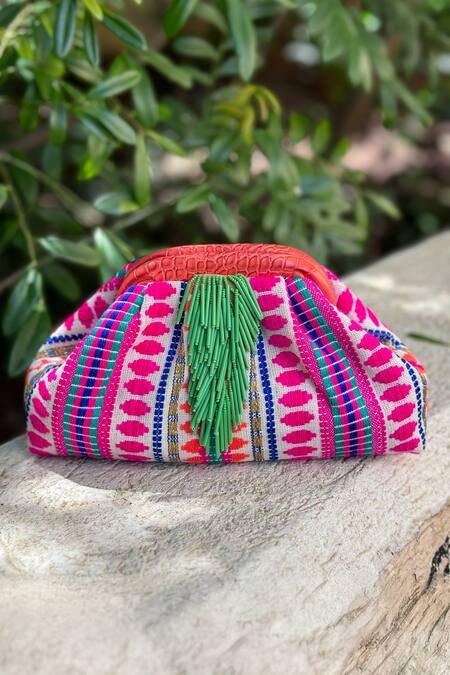 Buy_Bhavna Kumar_Multi Color Tassels Thread Woven Multicolor Clutch_Online_at_Aza_Fashions
