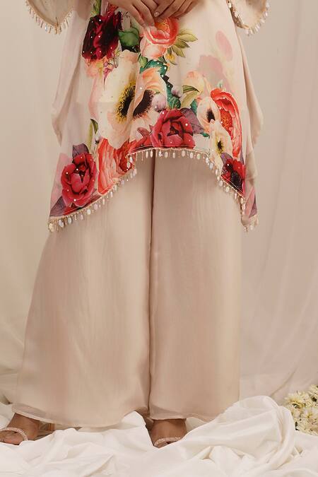 Buy_Surkh Syahi_Peach Chiffon Beads Keyhole Neck Gul Dasta Print Kurta Palazzo Set _Online_at_Aza_Fashions