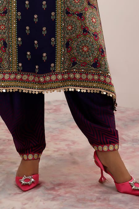 Surkh Syahi_Blue Cotton, Silk Embroidery Collared Mandala Art Print Kurta Set _Online_at_Aza_Fashions