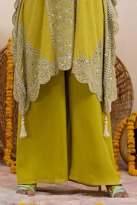 Surkh Syahi_Green Crepe, Chiffon Pearls Split V-neck Print Kaftan And Palazzo Set _Online_at_Aza_Fashions