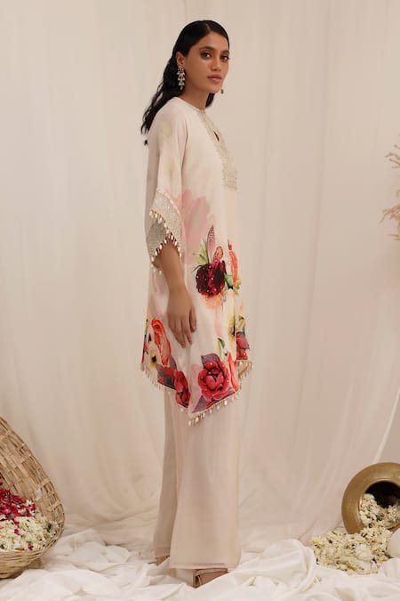 Shop_Surkh Syahi_Peach Chiffon Beads Keyhole Neck Gul Dasta Print Kurta Palazzo Set _Online_at_Aza_Fashions