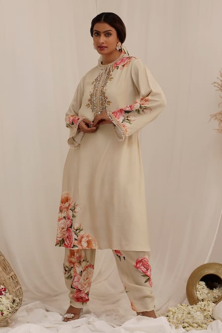 Shop_Surkh Syahi_Beige Muslin Beads Collared Gul Kand Print Kurta Salwar Set _Online_at_Aza_Fashions