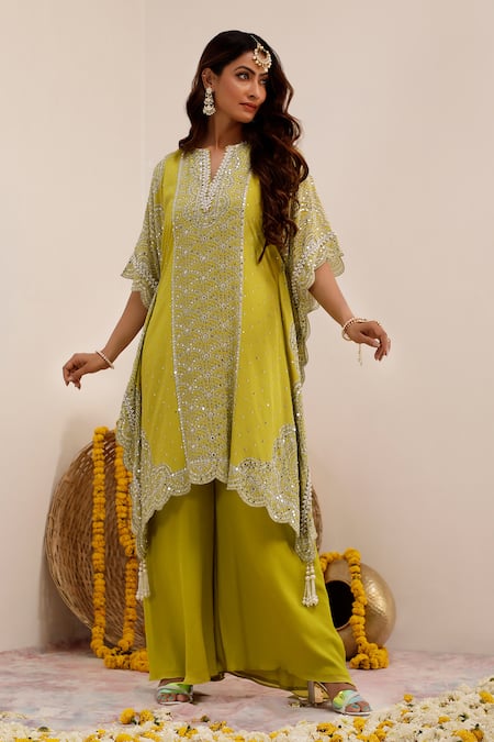 Buy_Surkh Syahi_Green Crepe, Chiffon Pearls Split V-neck Print Kaftan And Palazzo Set _Online_at_Aza_Fashions